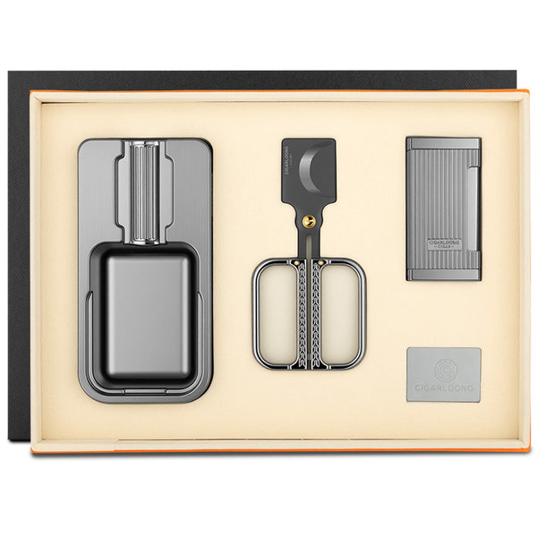 Cigar accessories three-piece set: ashtray, lighter, cigar cutter - semi-automatic v-cut, sharp, gift box packaging, stainless steel