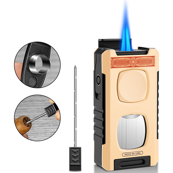Multifunctional Dual Flame Direct Flush Cigar Lighter with Cigar Cutter Portable 5-in-1 Lighter CB-26BD1
