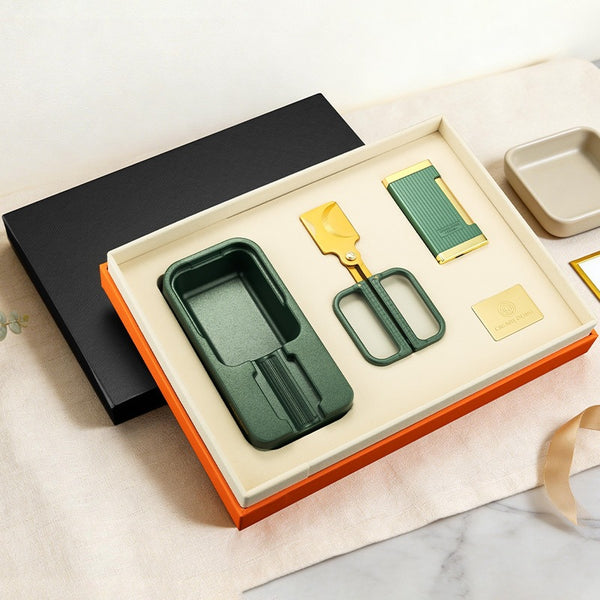 Cigar accessories three-piece set: ashtray, lighter, cigar cutter - semi-automatic v-cut, sharp, gift box packaging, stainless steel