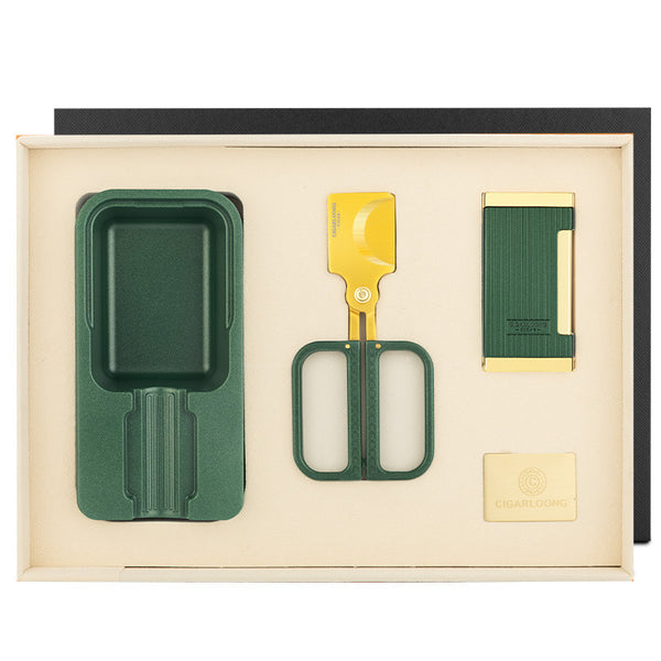 Cigar accessories three-piece set: ashtray, lighter, cigar cutter - semi-automatic v-cut, sharp, gift box packaging, stainless steel