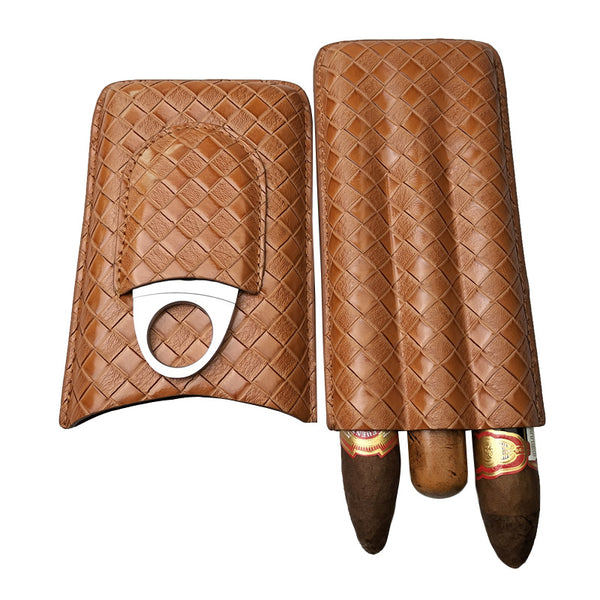 3-Finger Leather Cigar Case with Cutter Cedar Wood Lined Cigar Humidor Portable Travel Cigar Case Reddish Brown