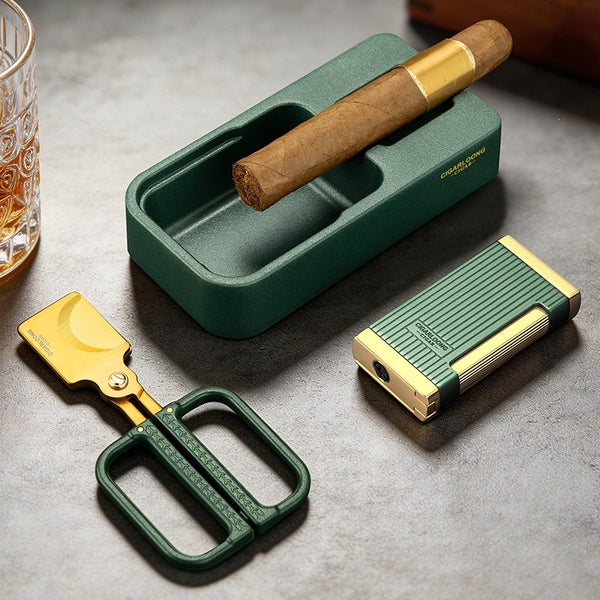 Cigar accessories three-piece set: ashtray, lighter, cigar cutter - semi-automatic v-cut, sharp, gift box packaging, stainless steel