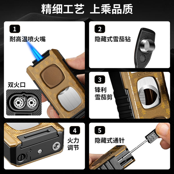 Multifunctional Dual Flame Direct Flush Cigar Lighter with Cigar Cutter Portable 5-in-1 Lighter CB-26BD1