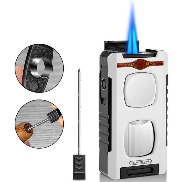 Multifunctional Dual Flame Direct Flush Cigar Lighter with Cigar Cutter Portable 5-in-1 Lighter CB-26BD1