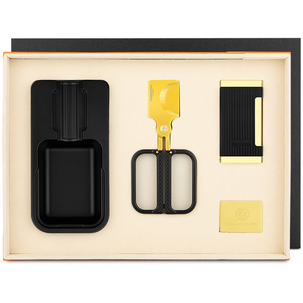 Cigar accessories three-piece set: ashtray, lighter, cigar cutter - semi-automatic v-cut, sharp, gift box packaging, stainless steel