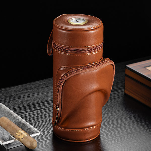 Cigar leather Case Portable with Hygrometer