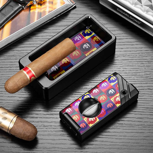 Cigar Lighter and cigar ashtray Set 2-piece Cool Cigar Ashtray Windproof Portable  Lighter Gift Box Set