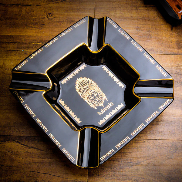 LUBINSKI Cigar Ashtray with Four Cigar Slots, Ceramic Gold Painted Large Capacity Gift Box, Rubinski Cigar Ashtray