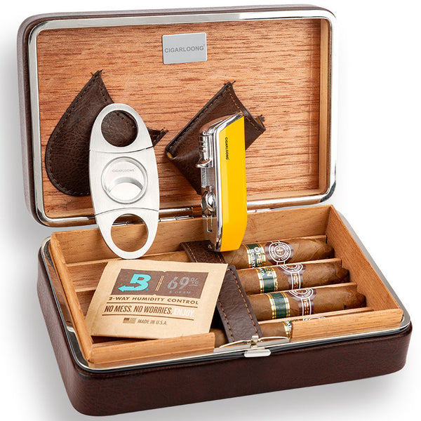 Cigar Box Set Cow Leather Travel Portable with Cigar Cutter Lighter Cigarette Set