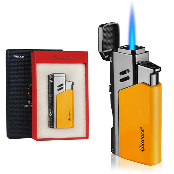 Guevara Metal Windproof Cigar Lighter Single Jet Flame Torch Cigarette Lighters with Cigar Punch Needle Gift Box Pocket Lighters