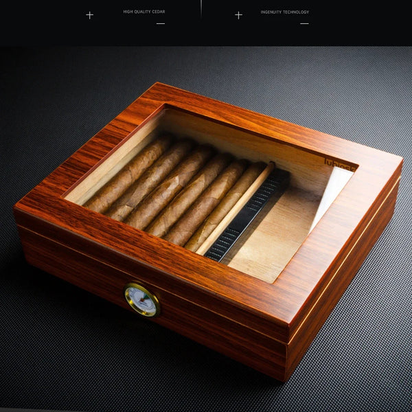 LUBINSKI Cigar Humidor Portable Transparent Window Cedar Wood Retro Rosewood Grain Cigar Accesoires for  Ciagrs