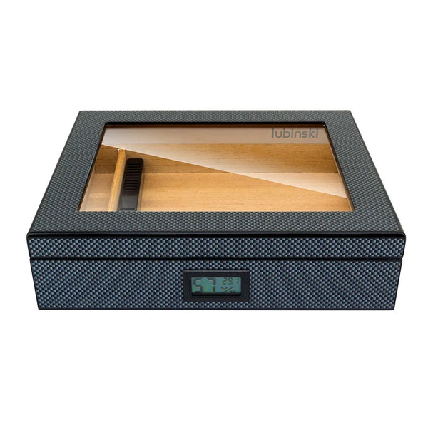 LUBINSKI Humidor Carbon Fiber Pattern Perspective Window Electronic Temperature and Humidity Meter Cigar Humidor for Man
