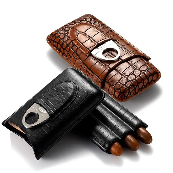 Cigar Case Holder Travel Set Portable Leather Humidor Box with 3 Ciger Holder Smoking Cigarette Storage Accessories