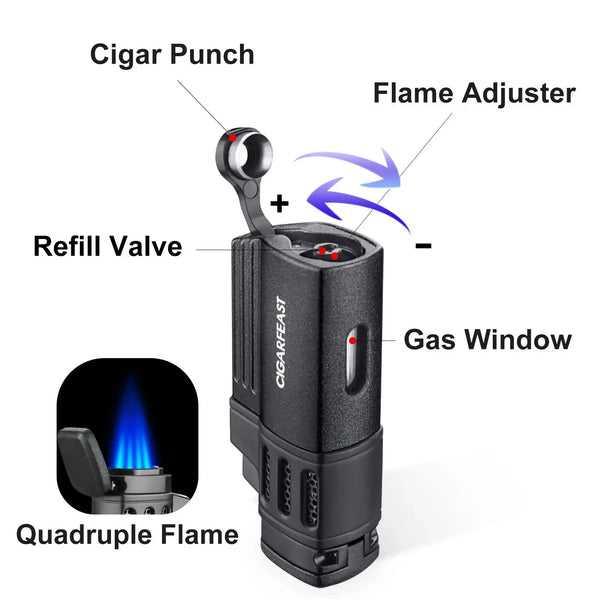 CIGARFEAST Windproof Triple Cigar Lighter Spray Gun 4 Jet Butane Refillable Gas Inflatable Smoke Accessories with Punch