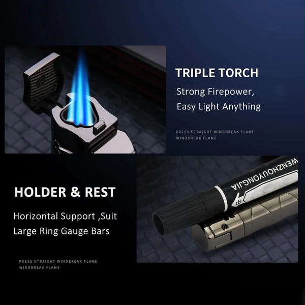 Cigar Three Torch Lighters Triple Jet Flame Refillable Butane Lighter Windproof with Punch Marjiuana Smoking Accessories