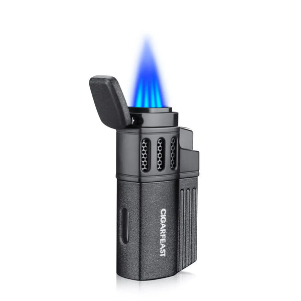 CIGARFEAST Windproof Triple Cigar Lighter Spray Gun 4 Jet Butane Refillable Gas Inflatable Smoke Accessories with Punch