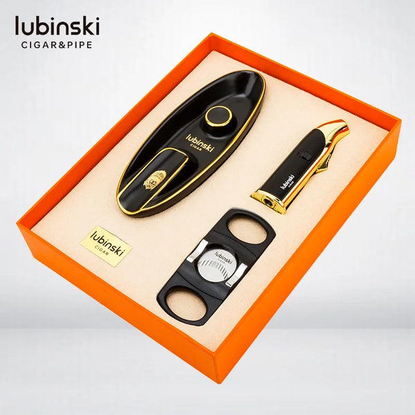 LUBINSKI Travel Set Luxury Cigar Set Cigar Windproof Lighter Sharp Cutter Ceramic Ashtray 3 Cigar Tool Fashion Gift Set for Man