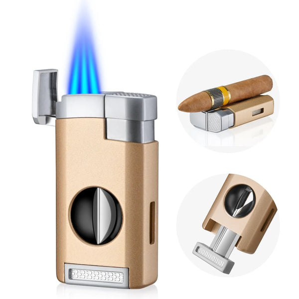 GUEVARA Cigar Lighter Cutter 2 IN 1 Sharp V-Cut Cigar Cutter Luxury Guillotine Metal 3 Jet Blue Flame Torch Lighters With Box