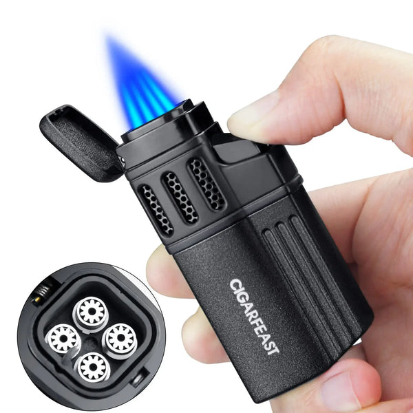 CIGARFEAST Windproof Triple Cigar Lighter Spray Gun 4 Jet Butane Refillable Gas Inflatable Smoke Accessories with Punch