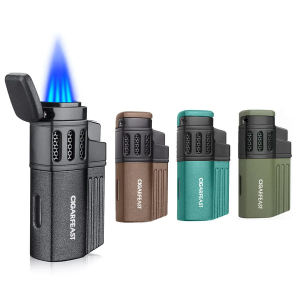 CIGARFEAST Windproof Triple Cigar Lighter Spray Gun 4 Jet Butane Refillable Gas Inflatable Smoke Accessories with Punch