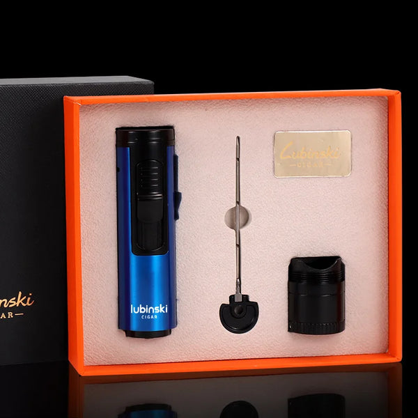 LUBINSKI Cigar Lighter Smoke Accesoires Butane Blue Gas  Flame Torch Luxury with Cigar Puncher Needle Drill Metal Cigar Lighter