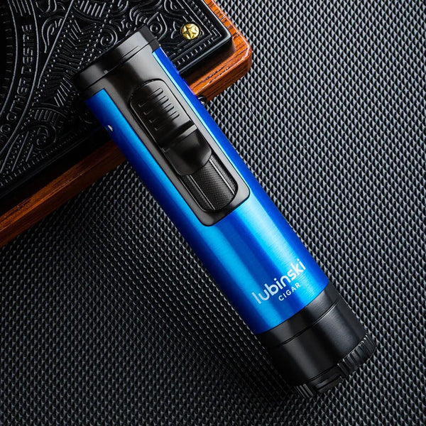 LUBINSKI Cigar Lighter Smoke Accesoires Butane Blue Gas  Flame Torch Luxury with Cigar Puncher Needle Drill Metal Cigar Lighter