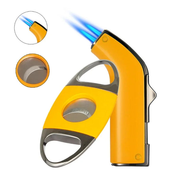 Windproof Metal 2Jet Blue FlameTorch Lighter Cigar Lighter Cutter Set Butane Gas Gift Box for Man Smoking Accessories