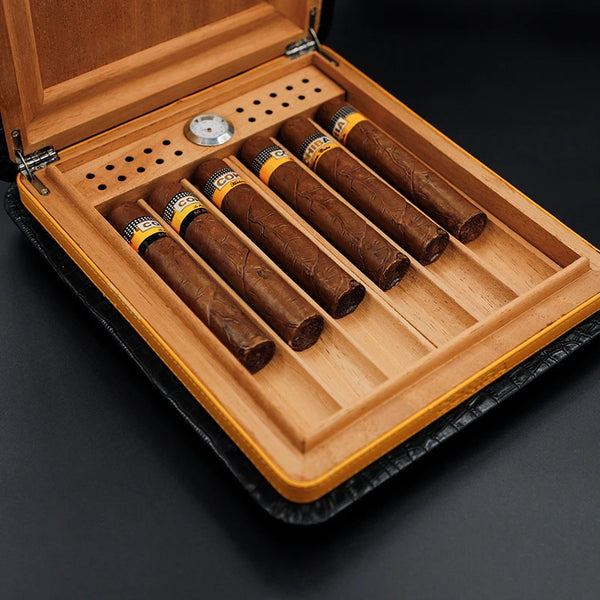 GUEVARA Luxury Leather Material Crocodile Pattern Travel Cigar Case Store 6 Cigars Humidor with Hygrometer Cigar Accessories