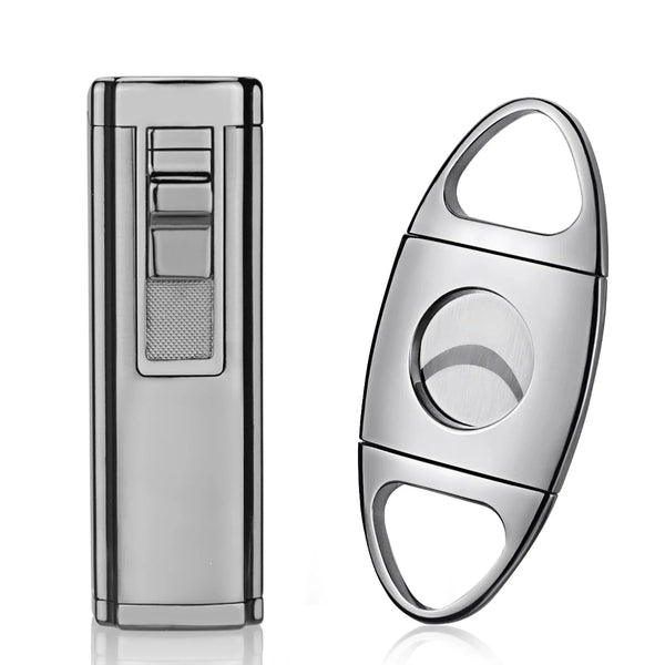 Stainless Steel Sharp Cigar Cutter Metal Windproof 3 Jet Flame Gas Cigar Cigarette Lighter W/ Punch Cigar Accessories Set