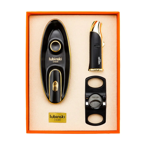 LUBINSKI Travel Set Luxury Cigar Set Cigar Windproof Lighter Sharp Cutter Ceramic Ashtray 3 Cigar Tool Fashion Gift Set for Man