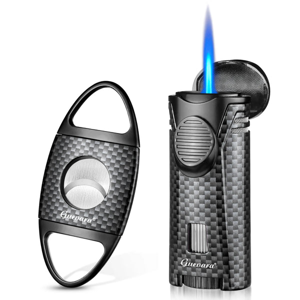 GUEVARA Cigar Set Luxury Single Jet Torch Cigar Lighter and Cutter Gift Suit with Portable Ashtray Accessories for Men Gift