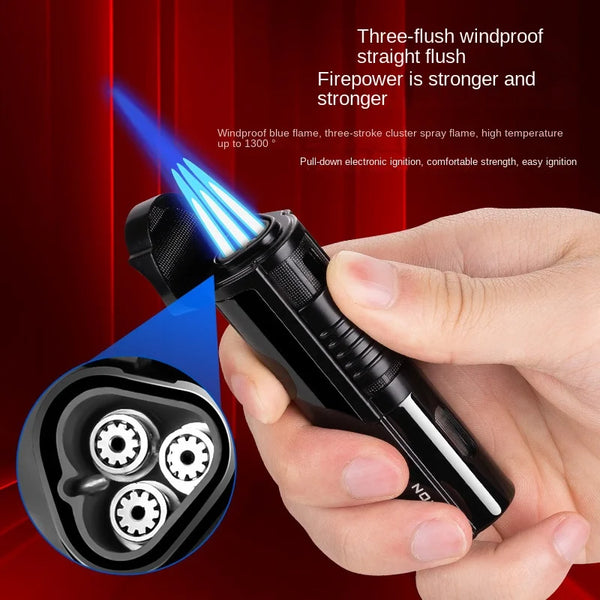 Windproof Cigar Lighter with Cutter 3 Jet Blue Flame Torch Lighters Multipurpose Direct Charge Smoking Accessories Gift for Men