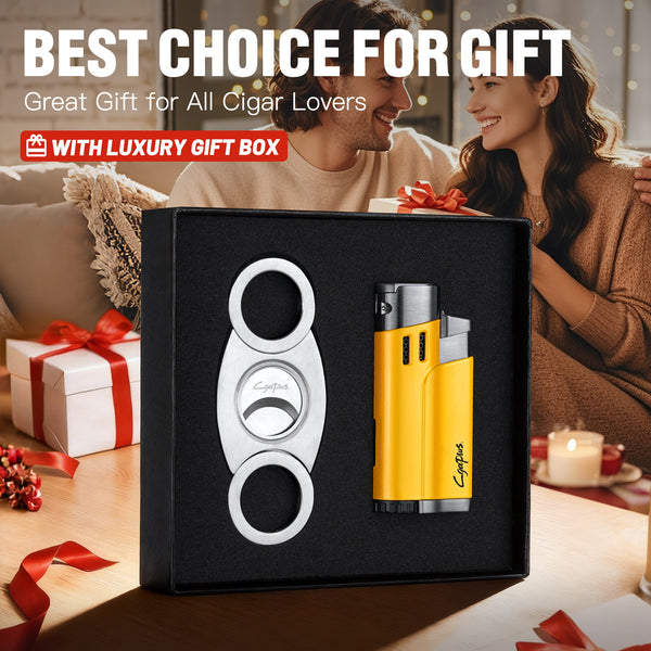 Cigar Cutter and Lighter Set with Butane Refillable Four Jet Flame Lighters Sharpening Blade Cigar Guillotine Windproof Lighter Torch