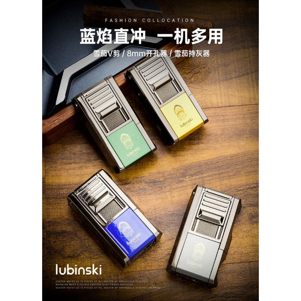 LUBINSKI Multifunctional Cigar Lighter Zinc Alloy Single Straight Punch with V-cutter Hole Opener Ash Holder Portable Smoking Accessories