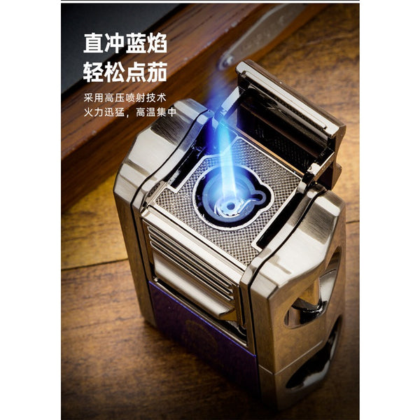 LUBINSKI Multifunctional Cigar Lighter Zinc Alloy Single Straight Punch with V-cutter Hole Opener Ash Holder Portable Smoking Accessories