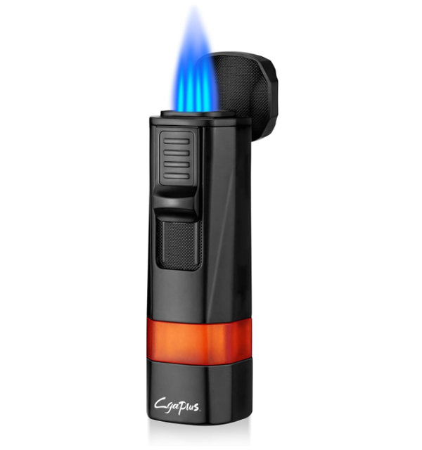 Cgaplus 4 Jet Flame Cigar Lighter with Cigar Stand Windproof Lighter Butane Refillable Torch Lighter with Cigar Punch (Without Gas)