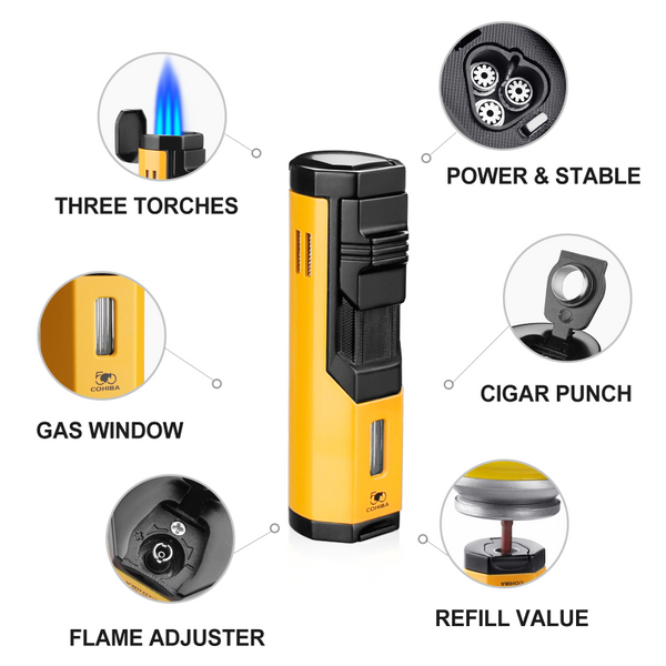 COHIBA 3 Jet Cigar Lighter Windproof Flame Butane Gas Torch Metal Lighter with Punch Cigarette Lighter Cigar Gadget