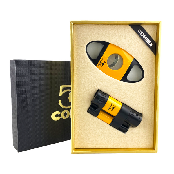 COHIBA 2 Jet Flame Gas Cigar Cutter Set Gift Box Set Accessories Cigar Lighter Torch Tool Butane Cigarette with Cigar Punch