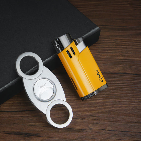 Cigar Cutter and Lighter Set with Butane Refillable Four Jet Flame Lighters Sharpening Blade Cigar Guillotine Windproof Lighter Torch