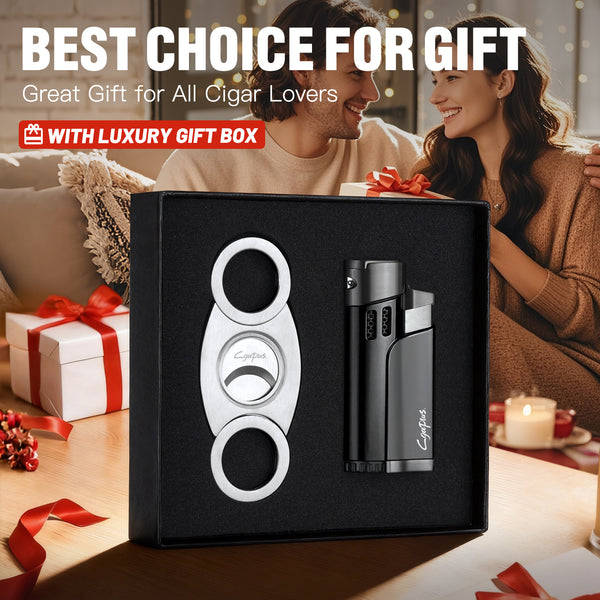 Cigar Cutter and Lighter Set with Butane Refillable Four Jet Flame Lighters Sharpening Blade Cigar Guillotine Windproof Lighter Torch