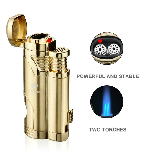 Cigar Cigarette Tobacco Lighter 2 Torch Jet Flame Refillable With Punch