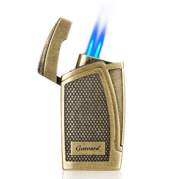 GUEVARA Stainless Steel Cigar Cutter Lighter Windproof 2 Jet Flame Butane Cigar Cigarette Case Accessories for Gift Box