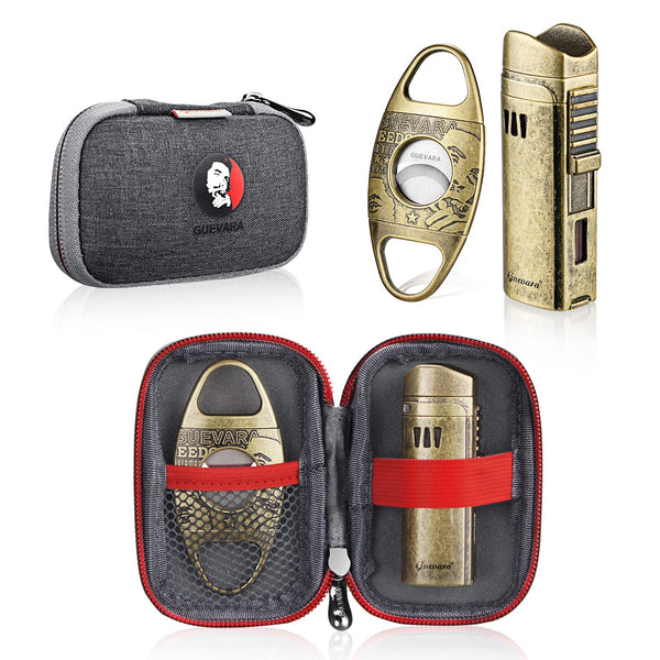 GUEVARA Stainless Steel Cigar Cutter Lighter Windproof 1 Jet Flame Butane Cigar Cigarette Case Accessories for Gift Box
