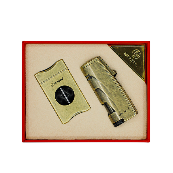GUEVARA Metal Cigar Lighter Cutter Windproof Torch 3 Jet Blue Flame Cigar Accessories Set Butane Gas Metal with Punch Gift Box