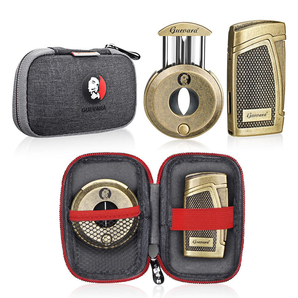 GUEVARA Stainless Steel Cigar Cutter Lighter Windproof 2 Jet Flame Butane Cigar Cigarette Case Accessories for Gift Box