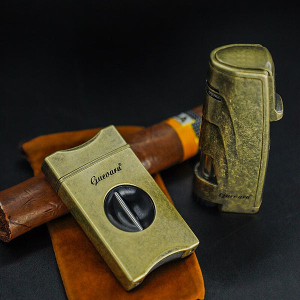 GUEVARA Metal Cigar Lighter Cutter Windproof Torch 3 Jet Blue Flame Cigar Accessories Set Butane Gas Metal with Punch Gift Box
