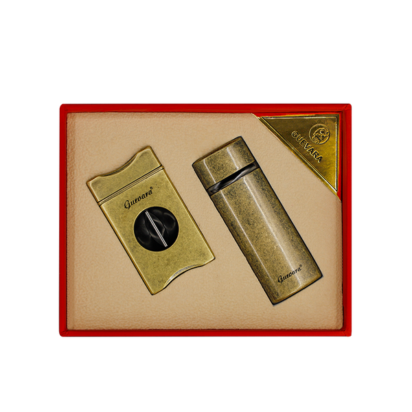 GUEVARA Metal Cigar Cutter Lighter Set Windproof 3 Jet Flame Butane USB Lighter Cigarette Case Accessories for Gift Box