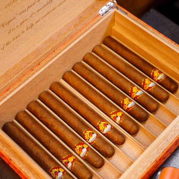 GUEVARA Cigar Humidor Torch Gas Butane Cigar Lighter Cutte Ostrich Leather Cedar Ashtray Cedar Wooden Box with Cigar Accessories Set